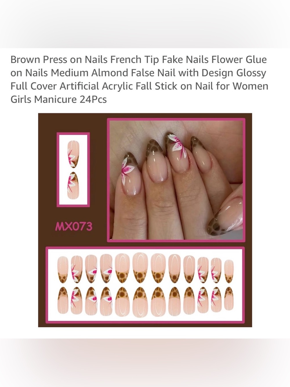 Brown press on Nails French tip flower glue on nails 24 pcs